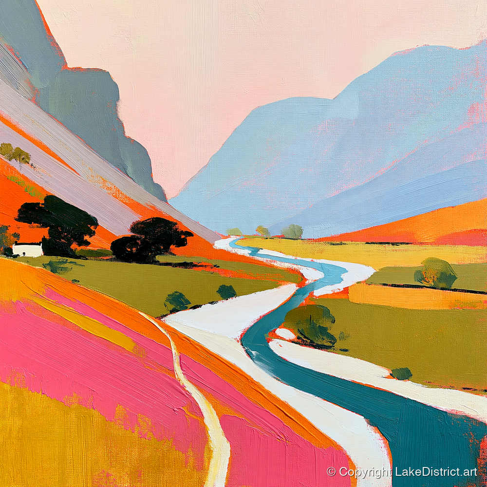 Vibrant River Winding Through Fells - lake district waterfall art print and canvas by Genevieve Moore A.I