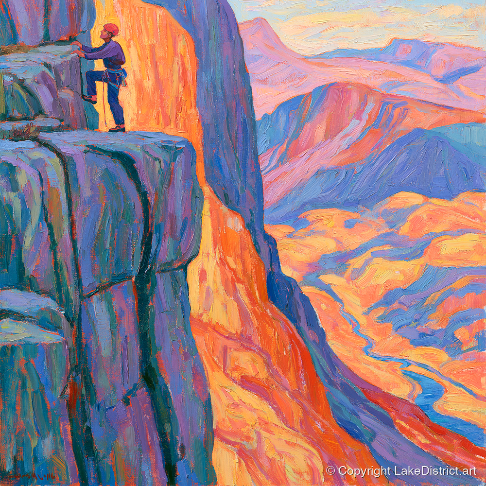 Vibrant Rock Climber on Sunset Crag - lake district walking art print and canvas by Celia Harding A.I