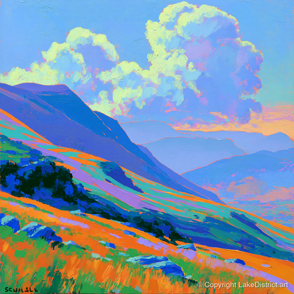 Vibrant Rolling Fells Under Cloud - lake district fell art print and canvas by Jonathan Crawford A.I