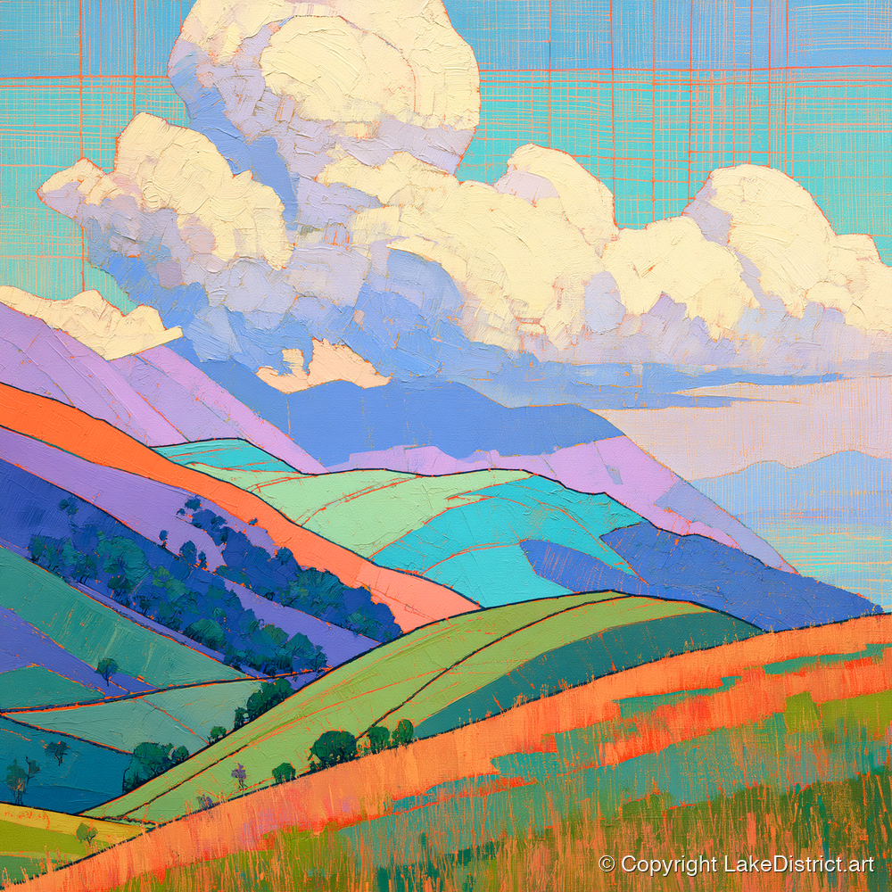 Vibrant Rolling Fells Under Cloud - lake district fell art print and canvas by Victor Penrose A.I
