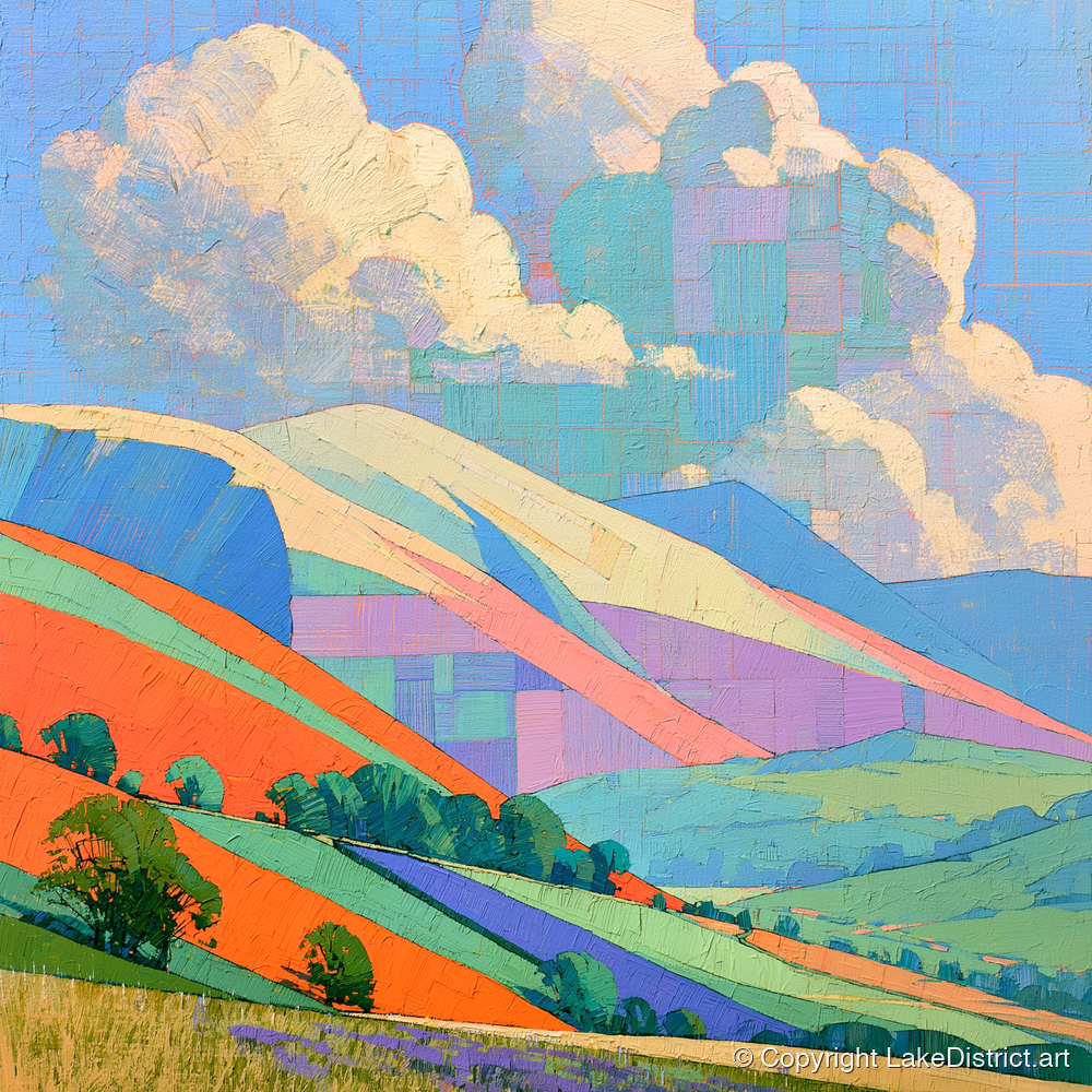 Vibrant Rolling Fells Under Cloud - lake district fell art print and canvas by Victor Penrose A.I