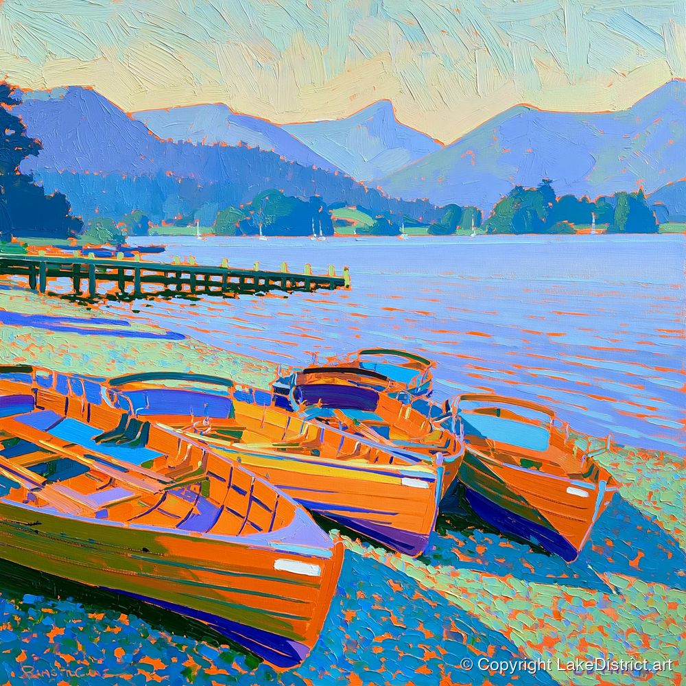 Vibrant Rowing Boats on Windermere - lake district lake art print and canvas by Jonathan Crawford A.I