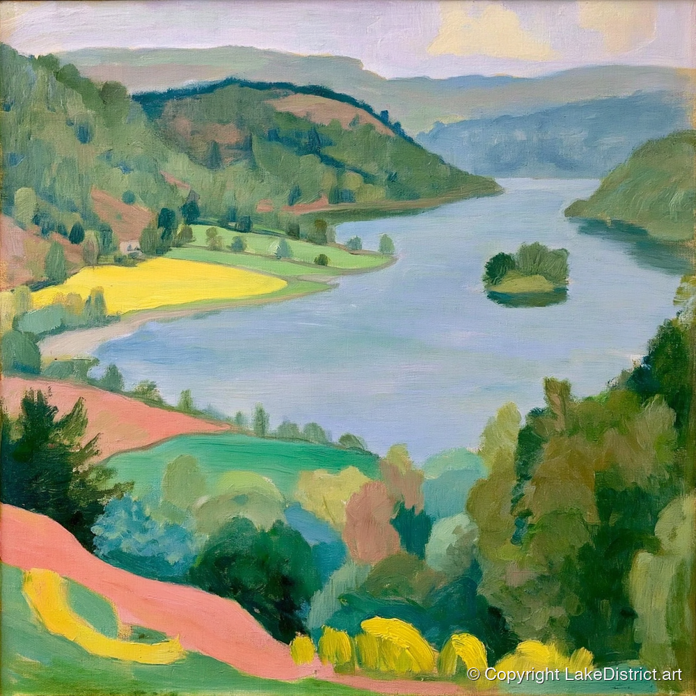 Vibrant Rydal Water from Above - lake district lake art print and canvas by Vivienne Roth A.I
