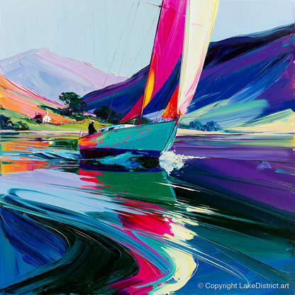 Vibrant Sailboat Beneath Purple Fells - lake district walking art print and canvas by Julian Mercer A.I