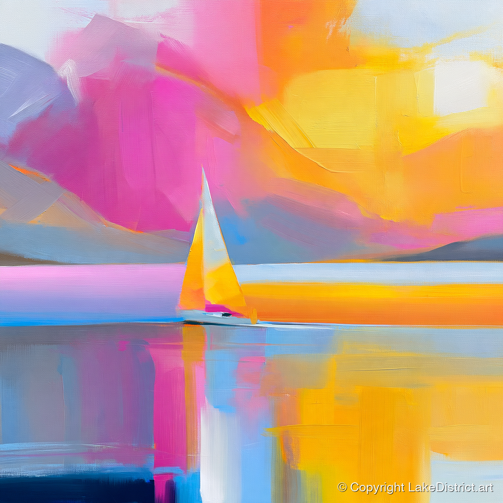 Vibrant Sailboat on the Lake - lake district walking art print and canvas by Imogen Tate A.I