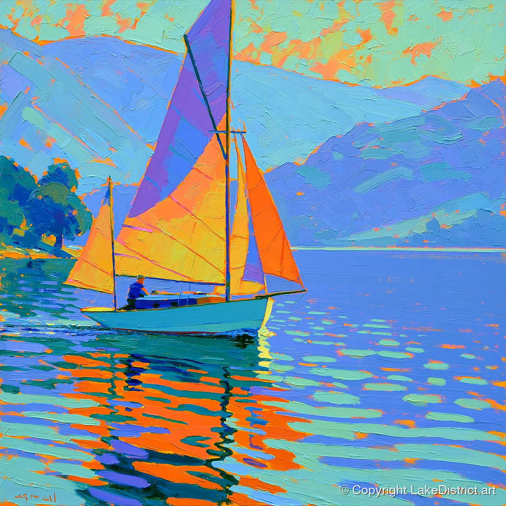 Vibrant Sails on a Breezy Lake - lake district walking art print and canvas by Jonathan Crawford A.I