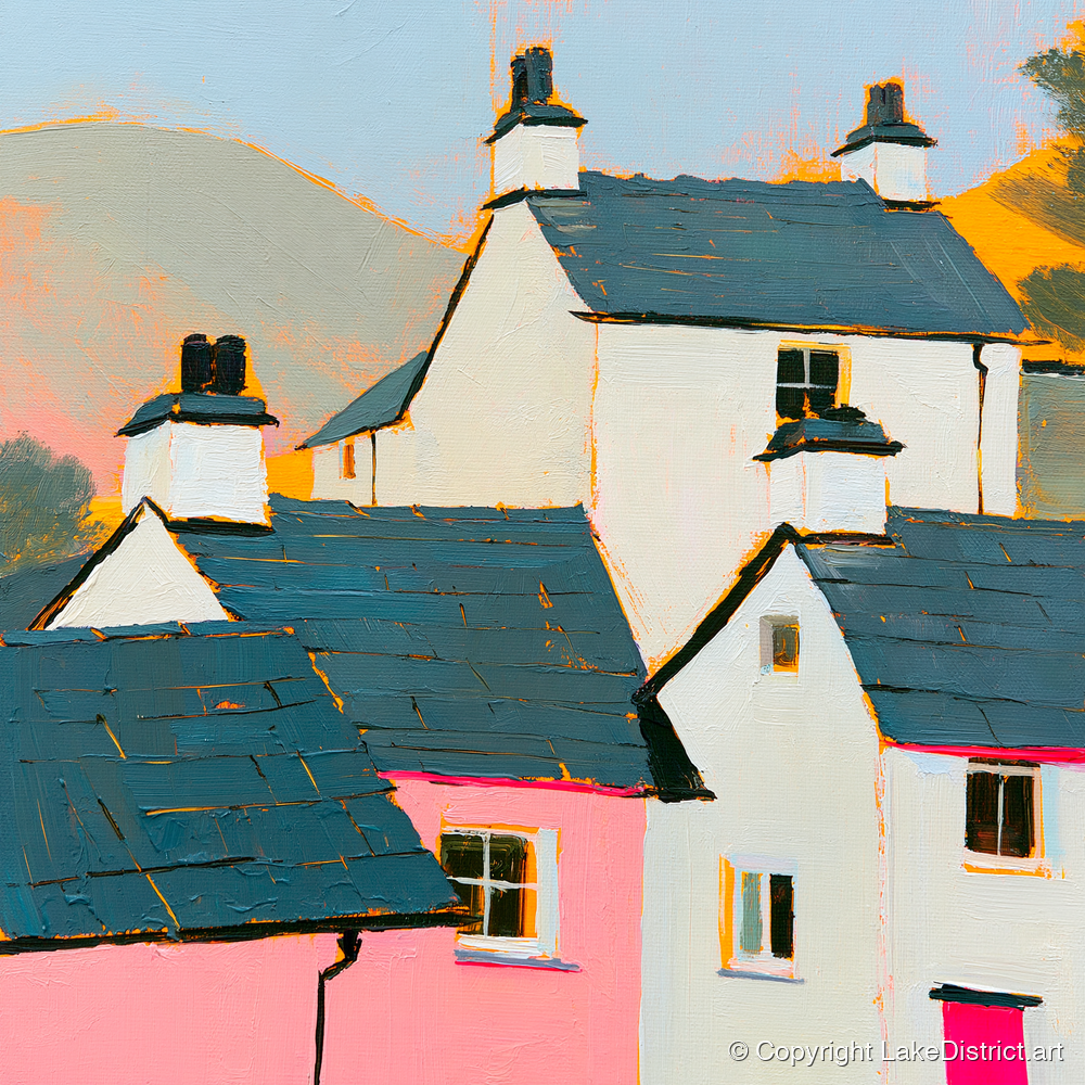 Vibrant Slate Roofed Cottages - lake district village art print and canvas by Genevieve Moore A.I
