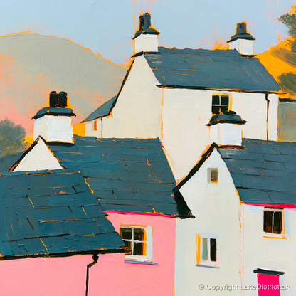 Vibrant Slate Roofed Cottages - lake district village art print and canvas by Genevieve Moore A.I