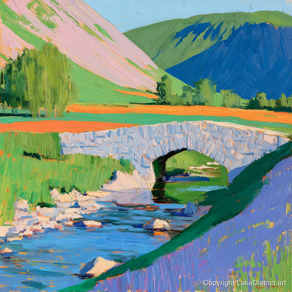 Vibrant Stone Bridge And Beck - lake district waterfall art print and canvas by Marshall Davies A.I