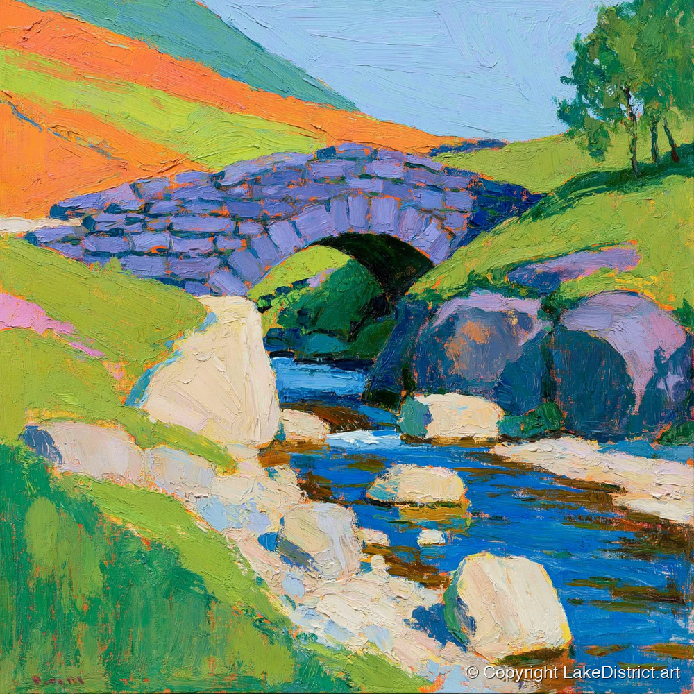 Vibrant Stone Bridge Over Beck - lake district waterfall art print and canvas by Marshall Davies A.I