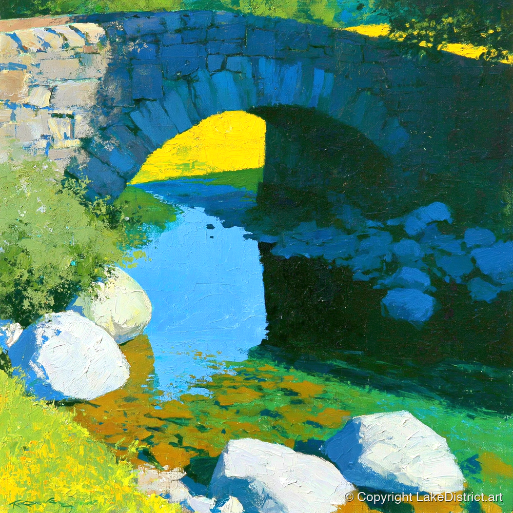 Vibrant Stone Bridge over Sunlit Beck - lake district waterfall art print and canvas by Daphne Morley A.I
