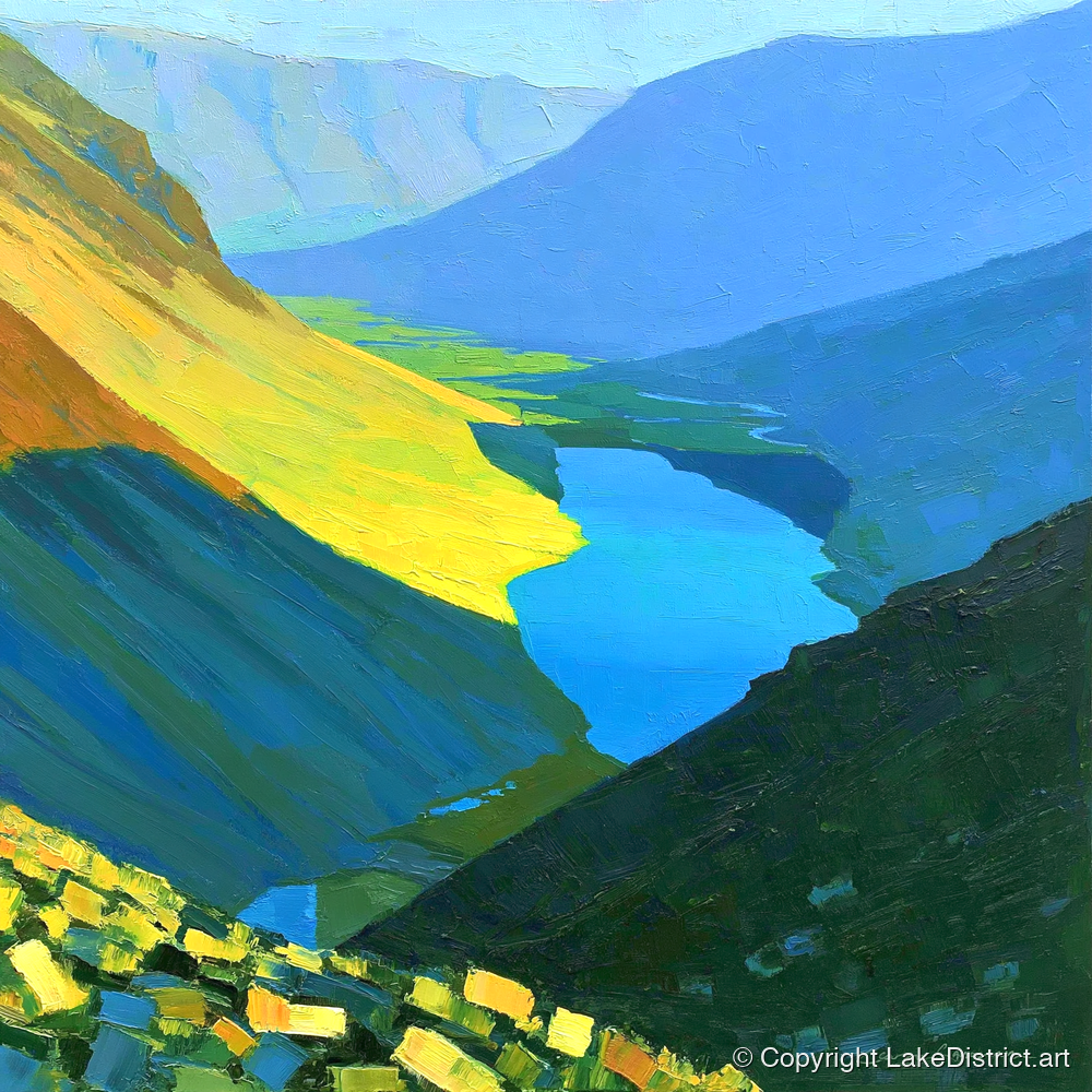 Vibrant Summit View Over Valley Lake - lake district fell art print and canvas by Daphne Morley A.I