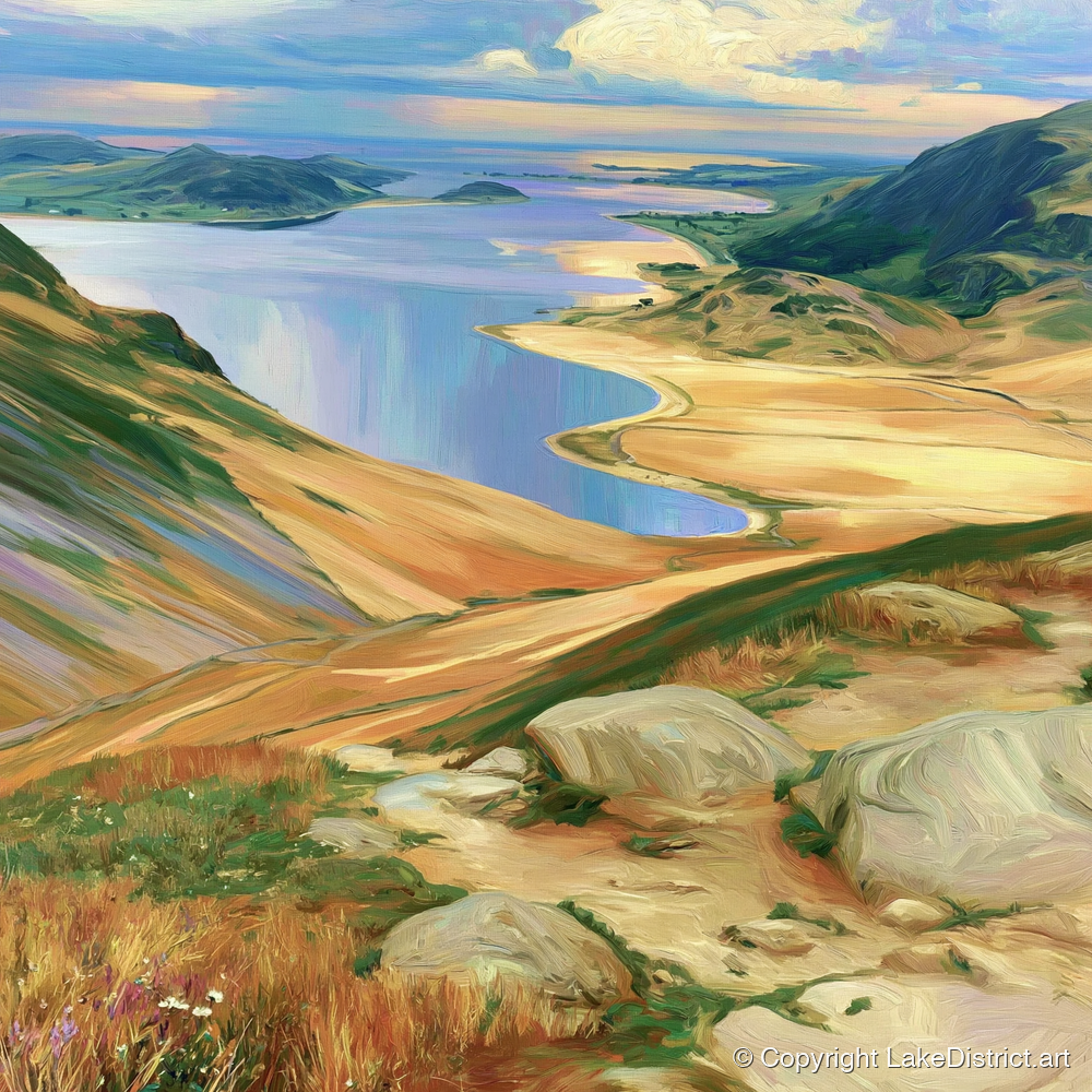 Vibrant Summit View over Water - lake district fell art print and canvas by Henry Cavendish A.I