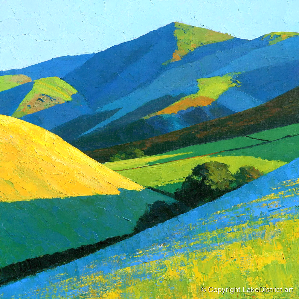 Vibrant Sunlight on Lakeland Fells - lake district sky art print and canvas by Daphne Morley A.I