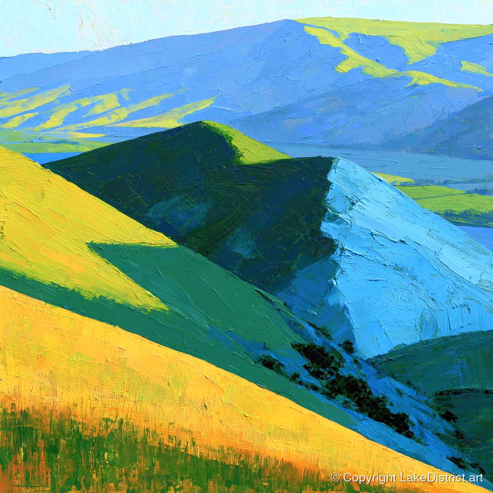 Vibrant Sunlit Fells and Deep Blue Shadows - lake district sky art print and canvas by Daphne Morley A.I