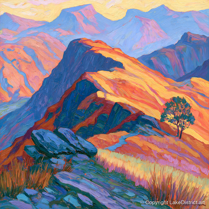 Vibrant Sunlit Mountain Ridge - lake district fell art print and canvas by Celia Harding A.I