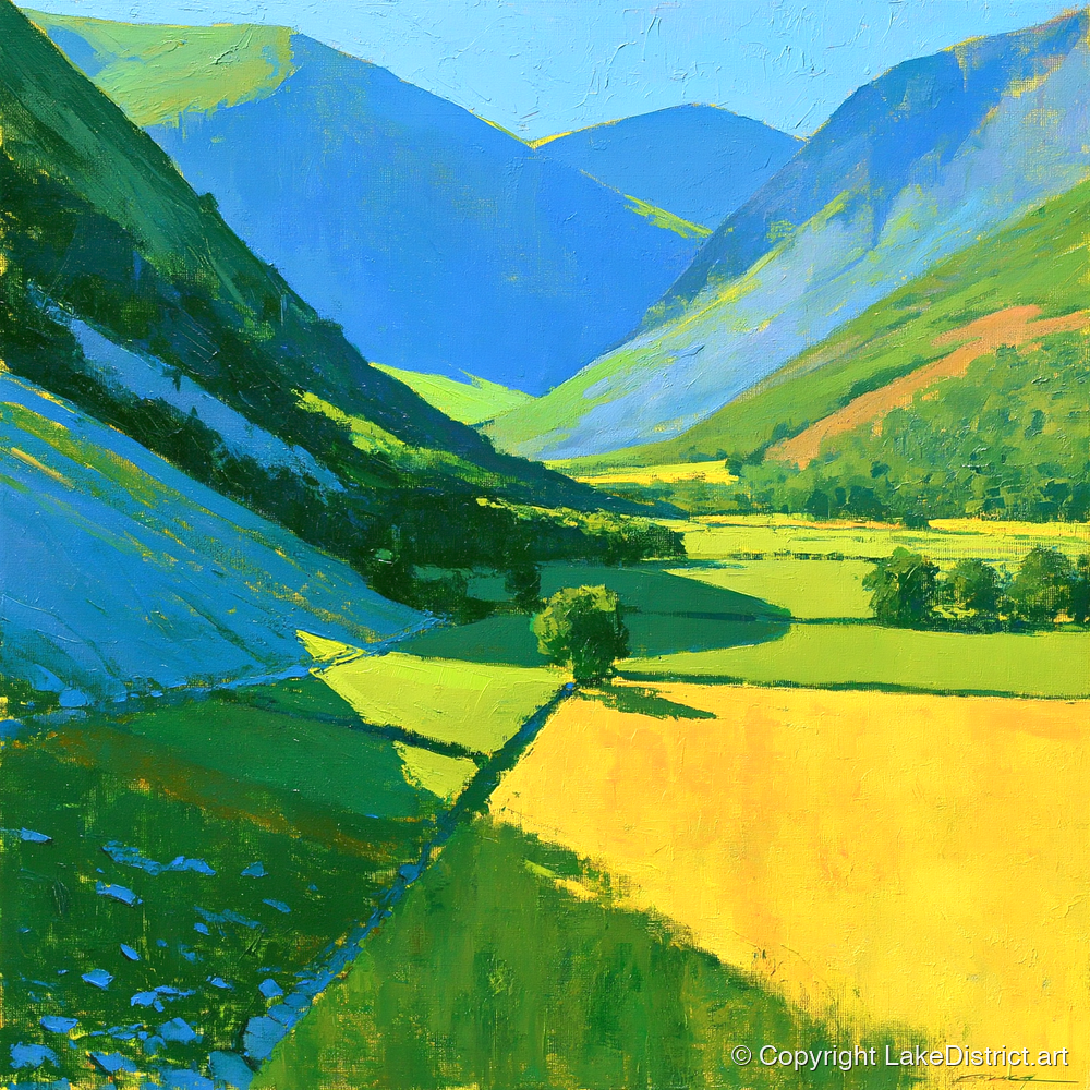 Vibrant Sunlit Valley with Blue Fellside Shadows - lake district valley art print and canvas by Daphne Morley A.I
