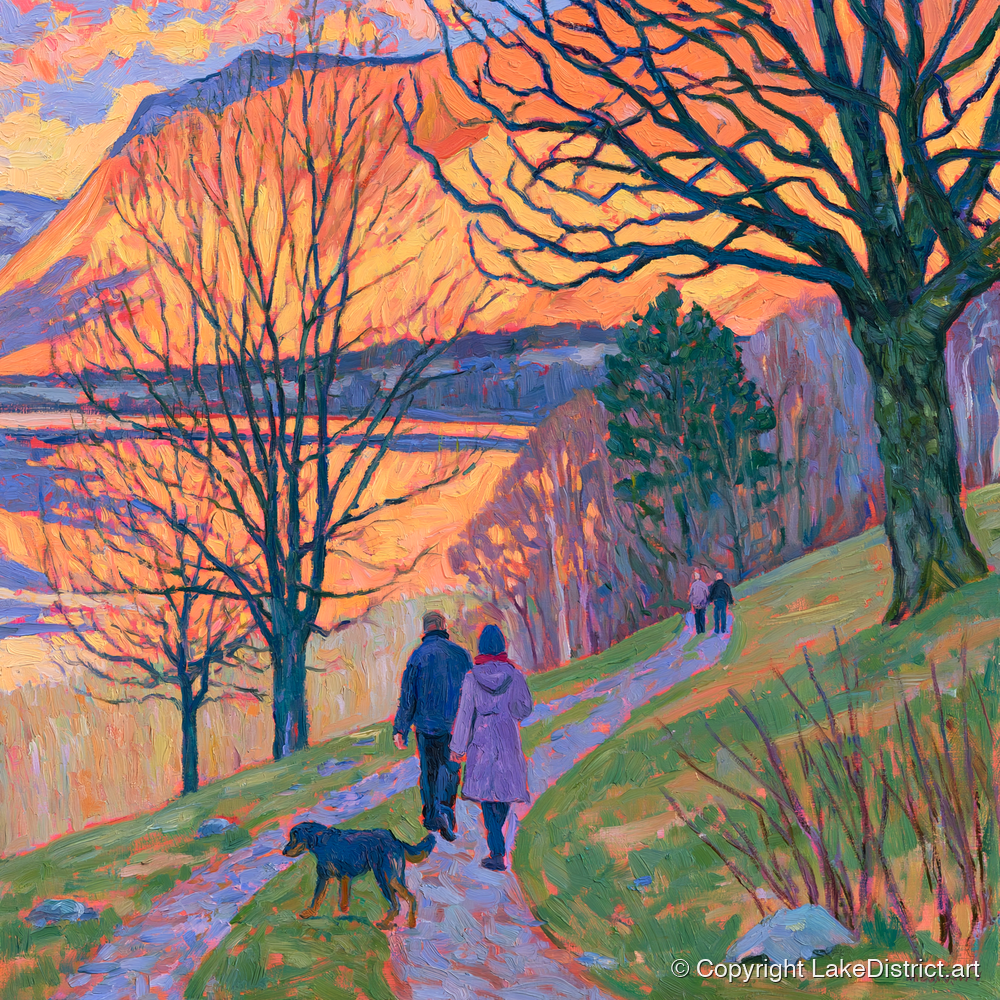 Vibrant Sunset Dog Walk Keswick - gifts for dog walkers art print and canvas by Celia Harding A.I