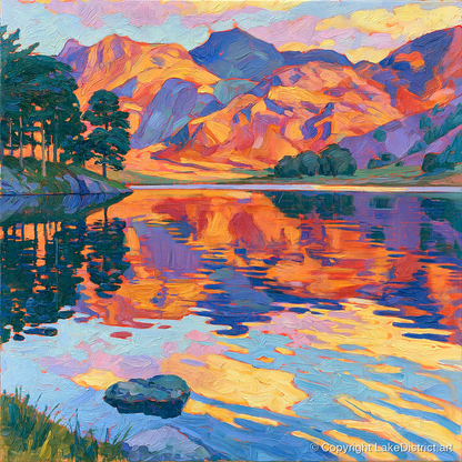 Vibrant Sunset Glow over Mountain Fells - lake district lake art print and canvas by Celia Harding A.I