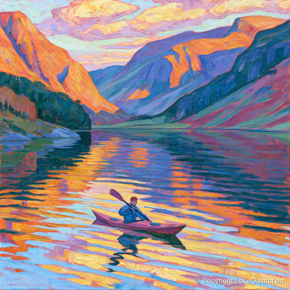 Vibrant Sunset Kayak on the Lake - lake district walking art print and canvas by Celia Harding A.I