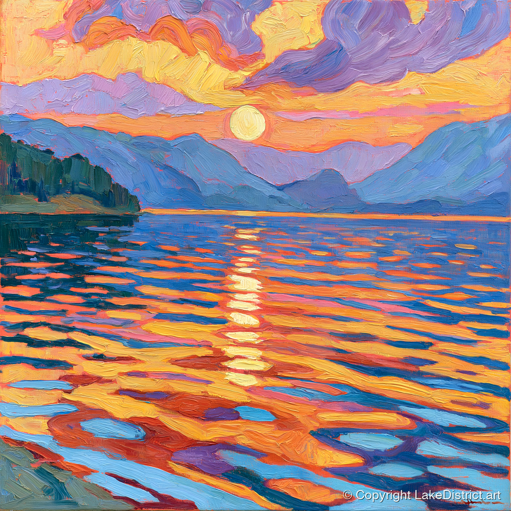 Vibrant Sunset Over Lake Water - lake district lake art print and canvas by Celia Harding A.I