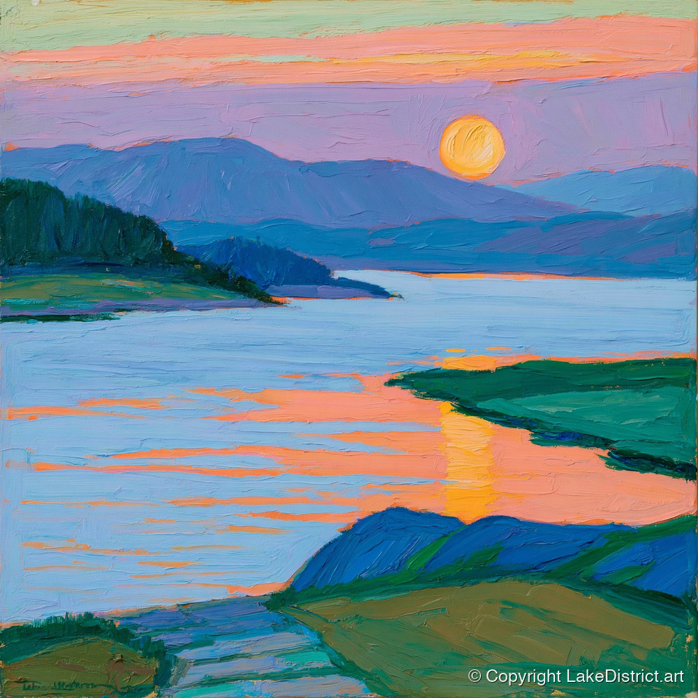 Vibrant Sunset Over The Lake - lake district lake art print and canvas by Marshall Davies A.I