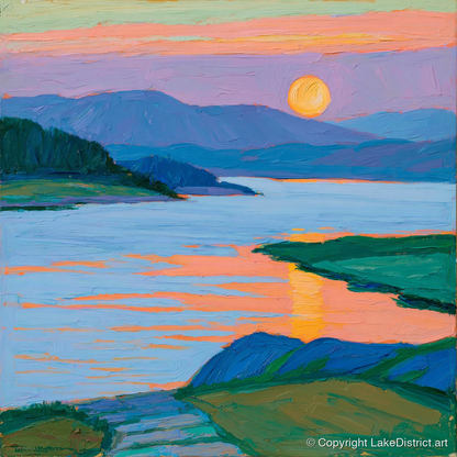 Vibrant Sunset Over The Lake - lake district lake art print and canvas by Marshall Davies A.I