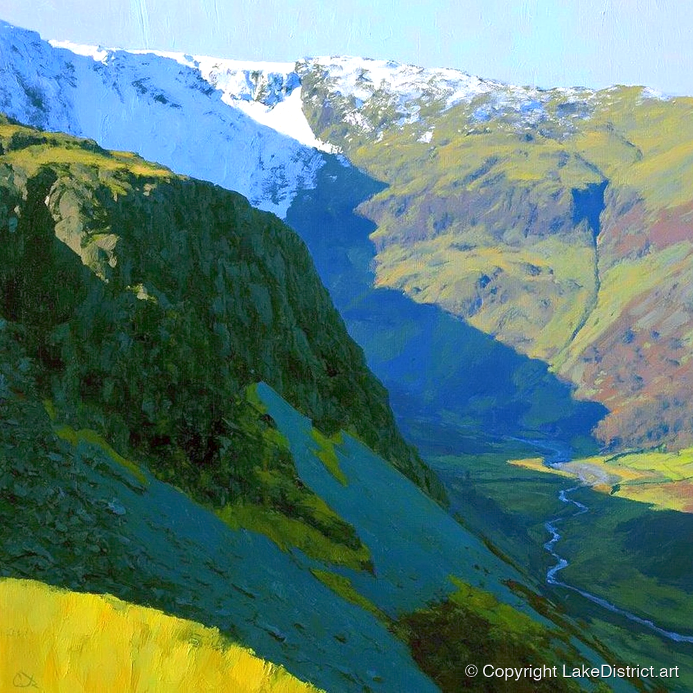 Vibrant Tarn Crag in Snow - lake district fell art print and canvas by Daphne Morley A.I