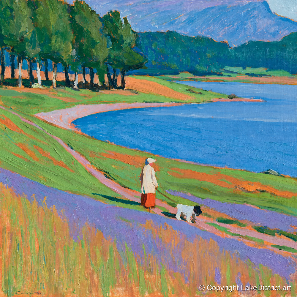 Vibrant Tarn Hows Dog Walk - gifts for dog walkers art print and canvas by Marshall Davies A.I