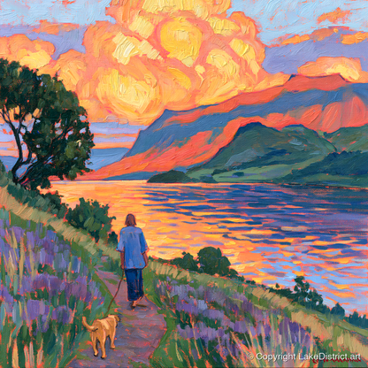 Vibrant Ullswater Evening Dog Walk - gifts for dog walkers art print and canvas by Celia Harding A.I