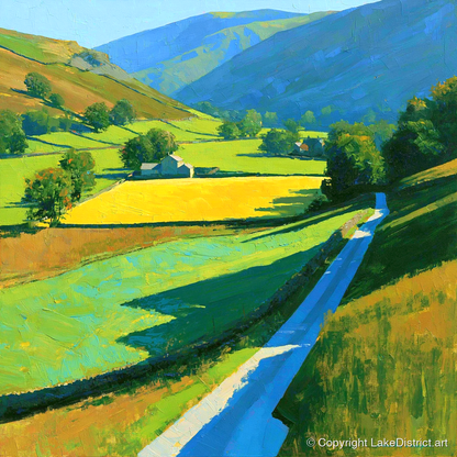 Vibrant Valley Below Blue Fells - lake district valley art print and canvas by Daphne Morley A.I