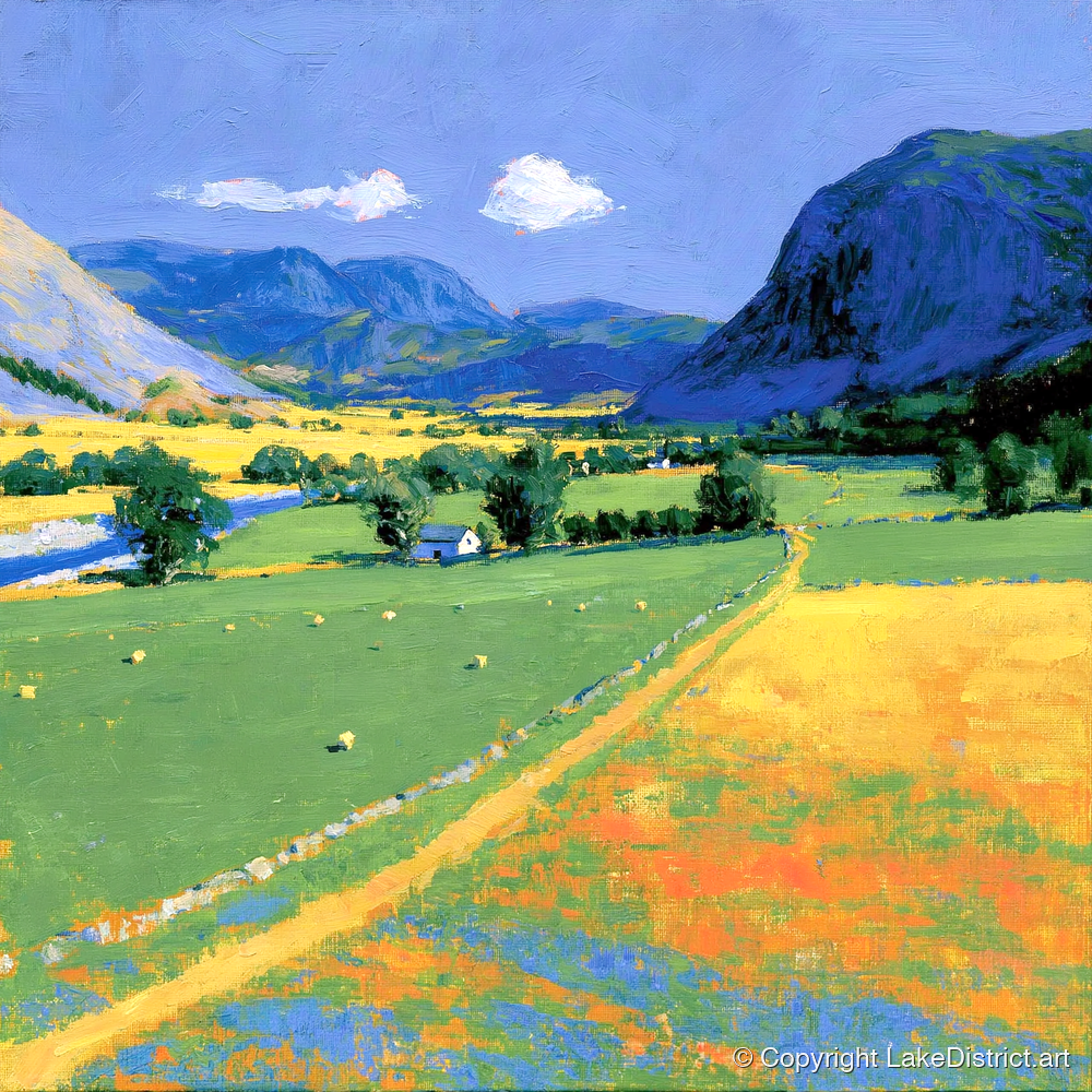 Vibrant Valley beneath Blue Fells - lake district valley art print and canvas by Hugo Beckett A.I