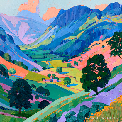 Vibrant Valley Between Blue Fells - lake district valley art print and canvas by Sylvia Carmichael A.I