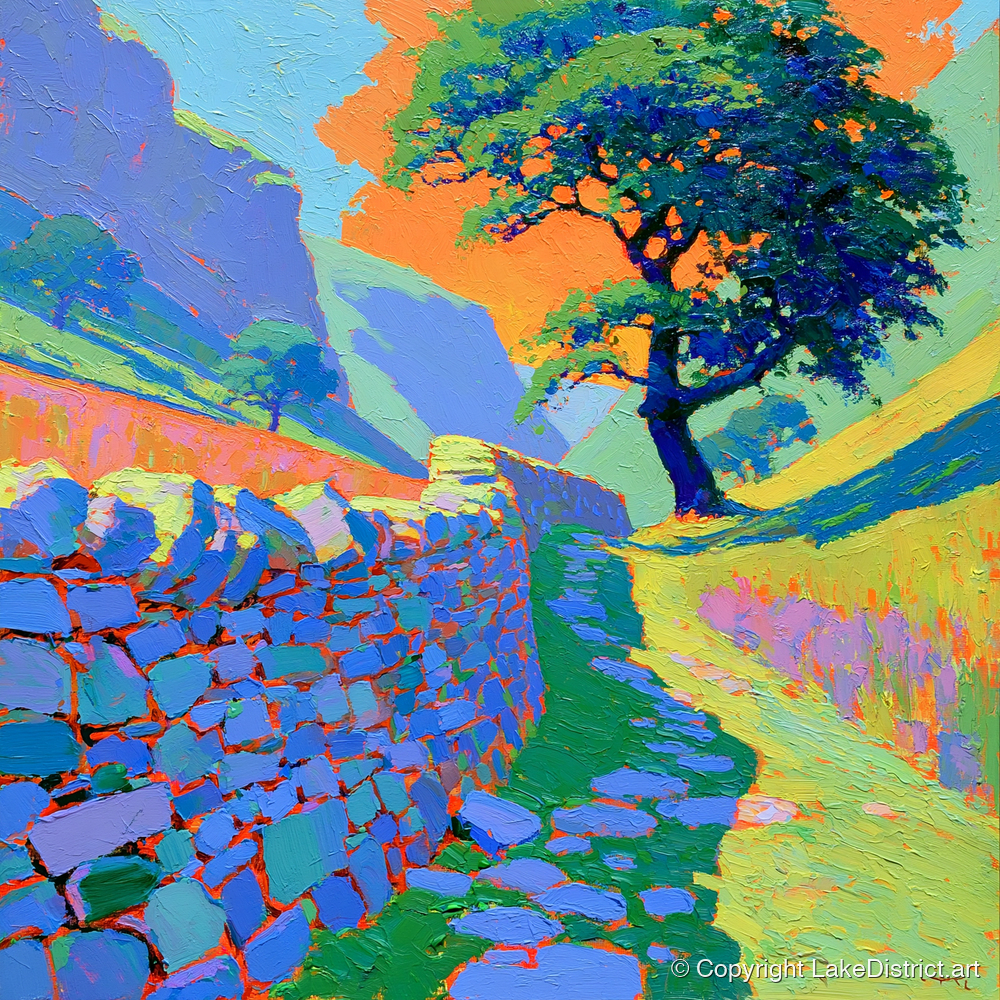 Vibrant Valley Drystone Wall Path - lake district valley art print and canvas by Jonathan Crawford A.I
