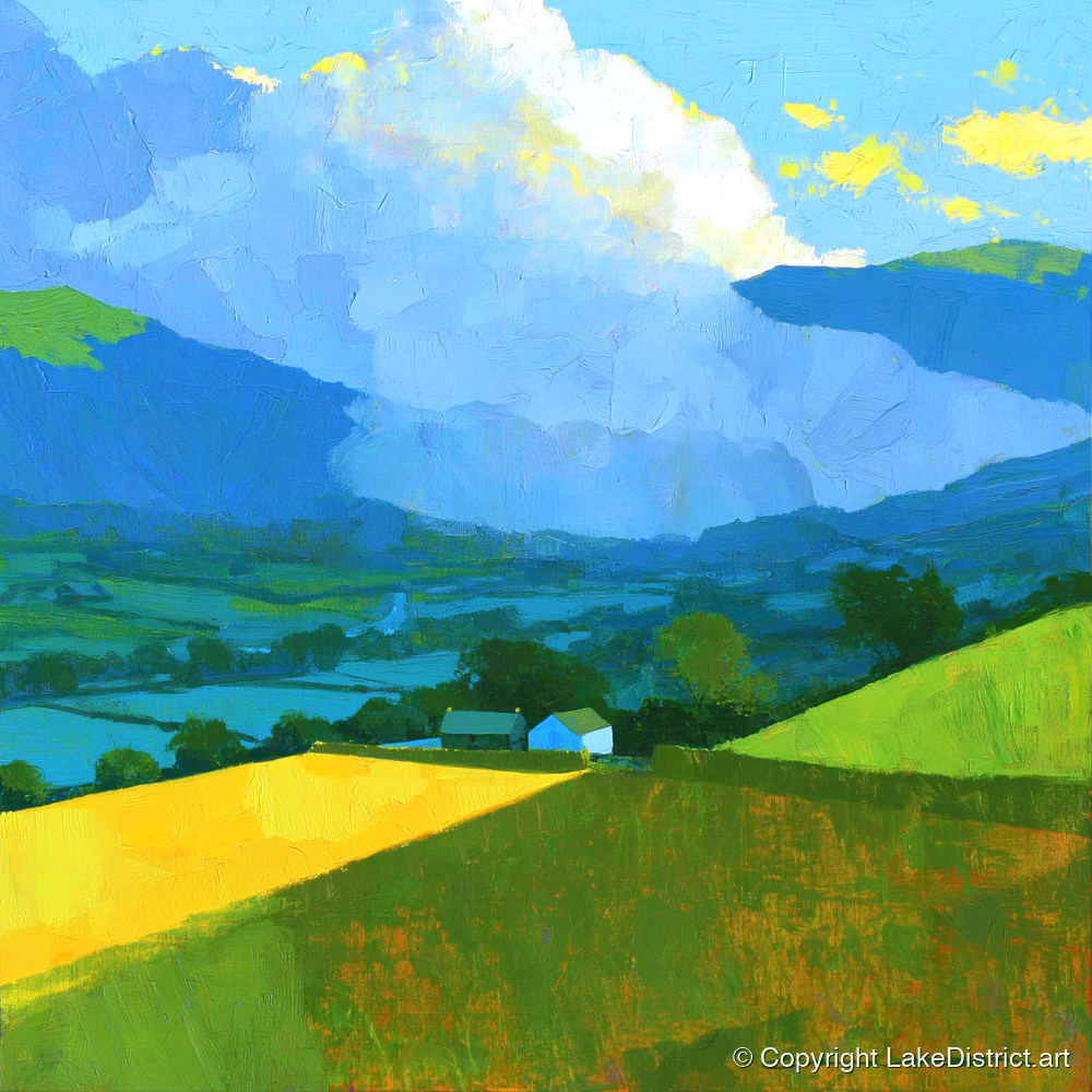 Vibrant Valley Fields and Towering Clouds - lake district sky art print and canvas by Daphne Morley A.I
