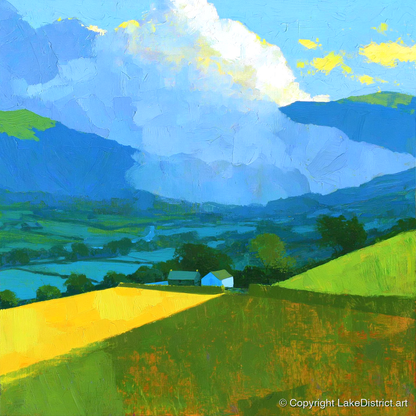 Vibrant Valley Fields and Towering Clouds - lake district sky art print and canvas by Daphne Morley A.I