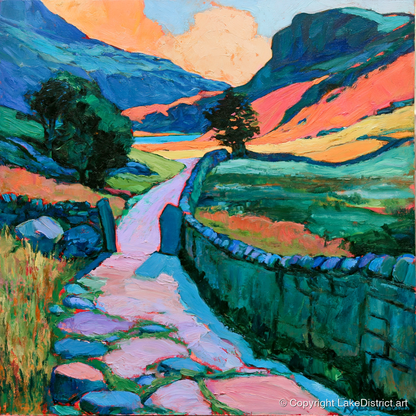 Vibrant Valley Path and Drystone Wall - lake district valley art print and canvas by Gideon Wright A.I