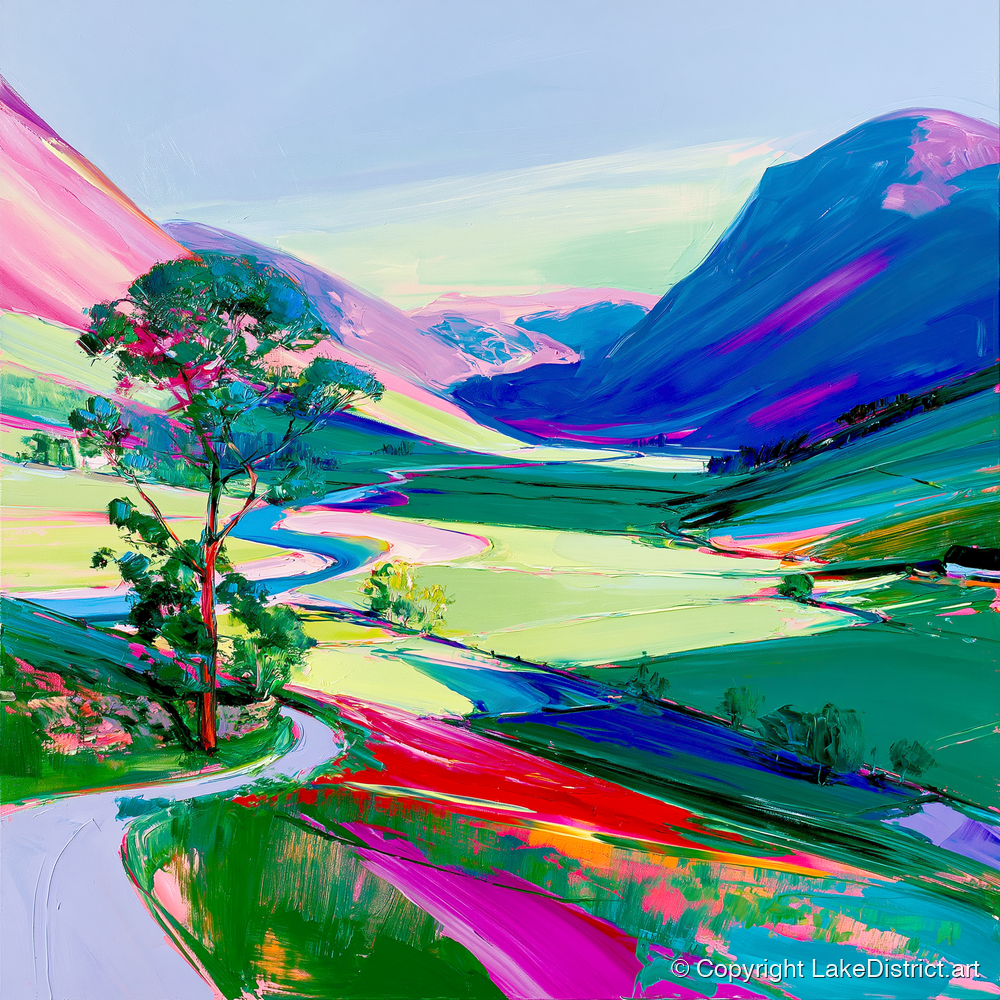 Vibrant Valley Road Beneath Pink Fells - lake district valley art print and canvas by Julian Mercer A.I