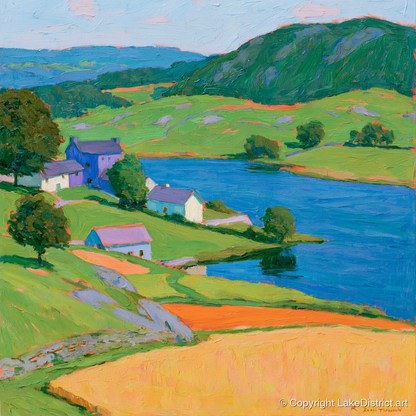Vibrant Village on the Lakeshore - lake district village art print and canvas by Marshall Davies A.I
