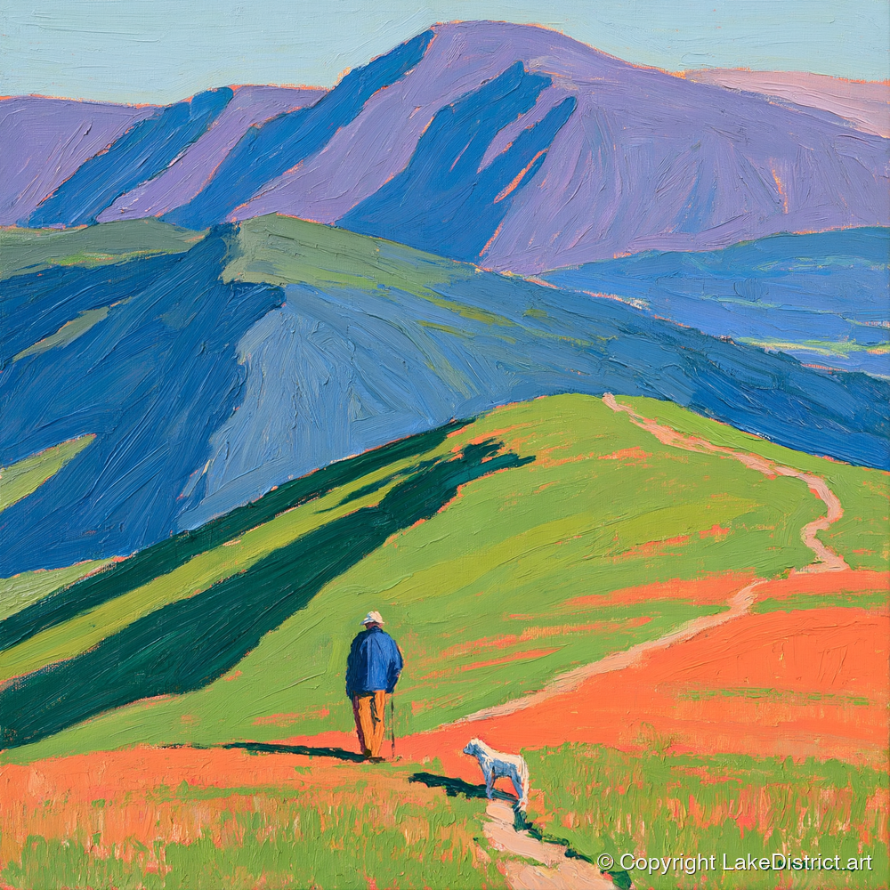 Vibrant Walker and Dog on Latrigg - gifts for dog walkers art print and canvas by Marshall Davies A.I