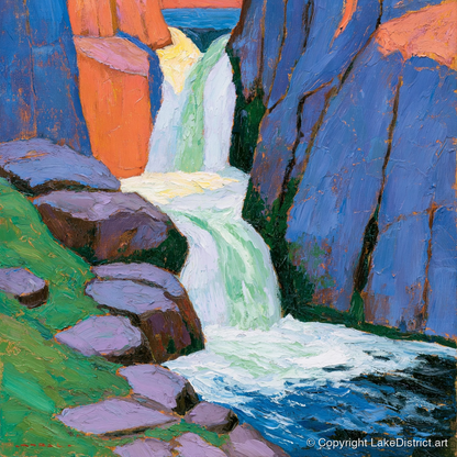 Vibrant Waterfall Between Blue Crags - lake district waterfall art print and canvas by Marshall Davies A.I