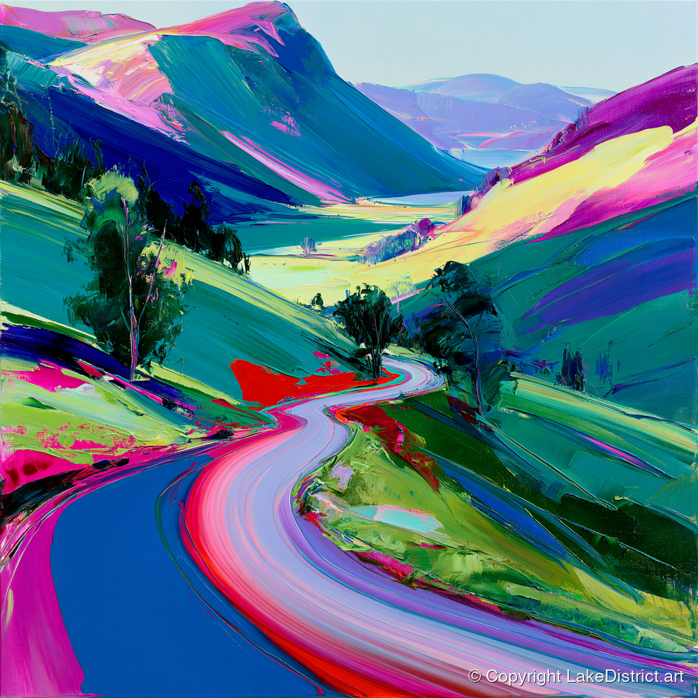 Vibrant Winding Mountain Pass - lake district valley art print and canvas by Julian Mercer A.I