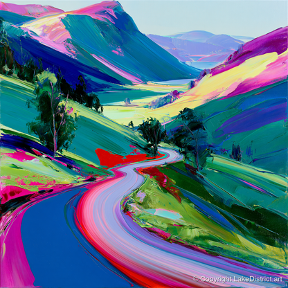Vibrant Winding Mountain Pass - lake district valley art print and canvas by Julian Mercer A.I