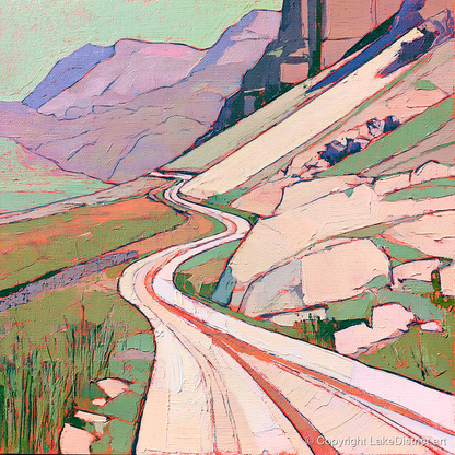 Vibrant Winding Mountain Pass - lake district valley art print and canvas by Cedric Montgomery A.I