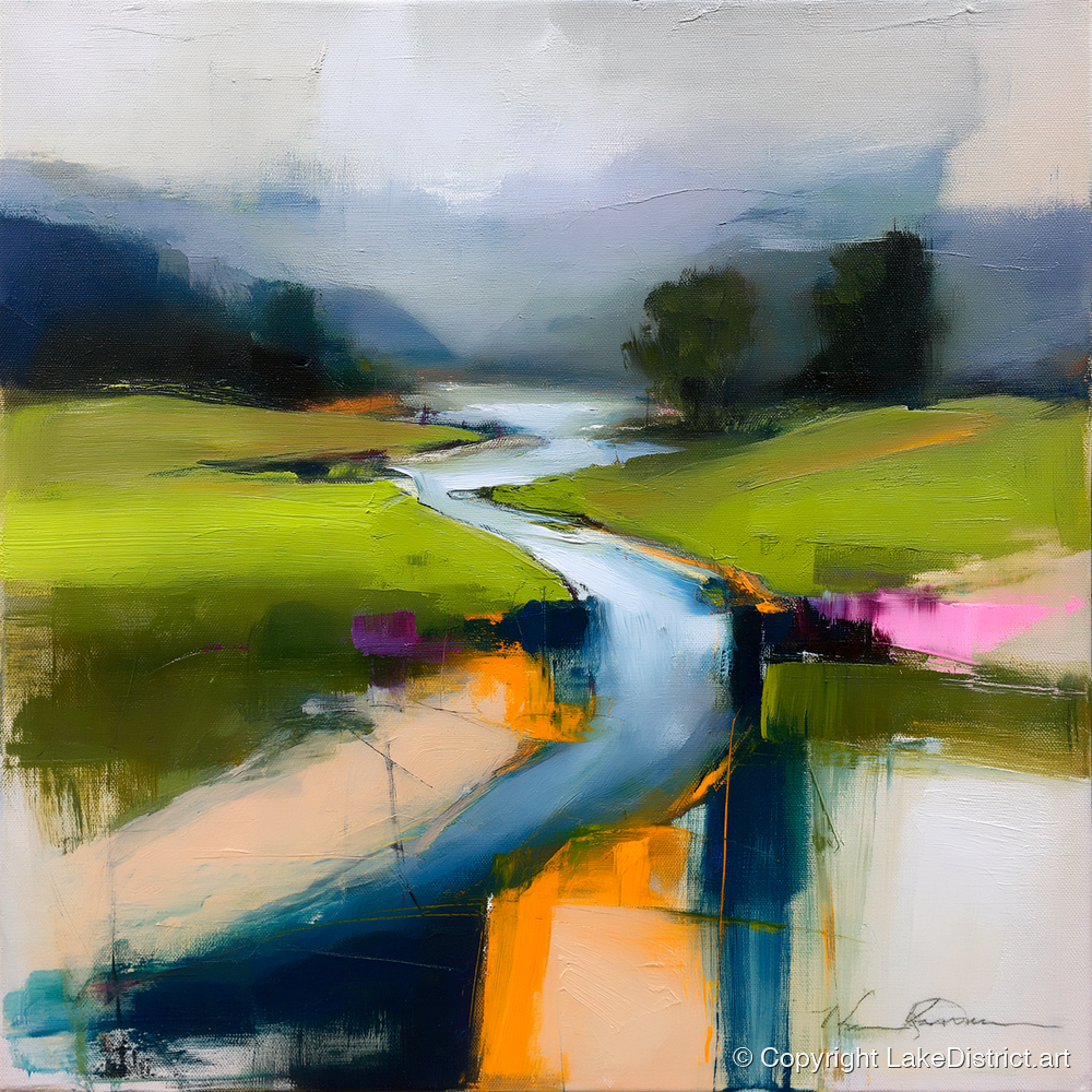 Vibrant Winding River and Valley - lake district waterfall art print and canvas by Warren Yates A.I
