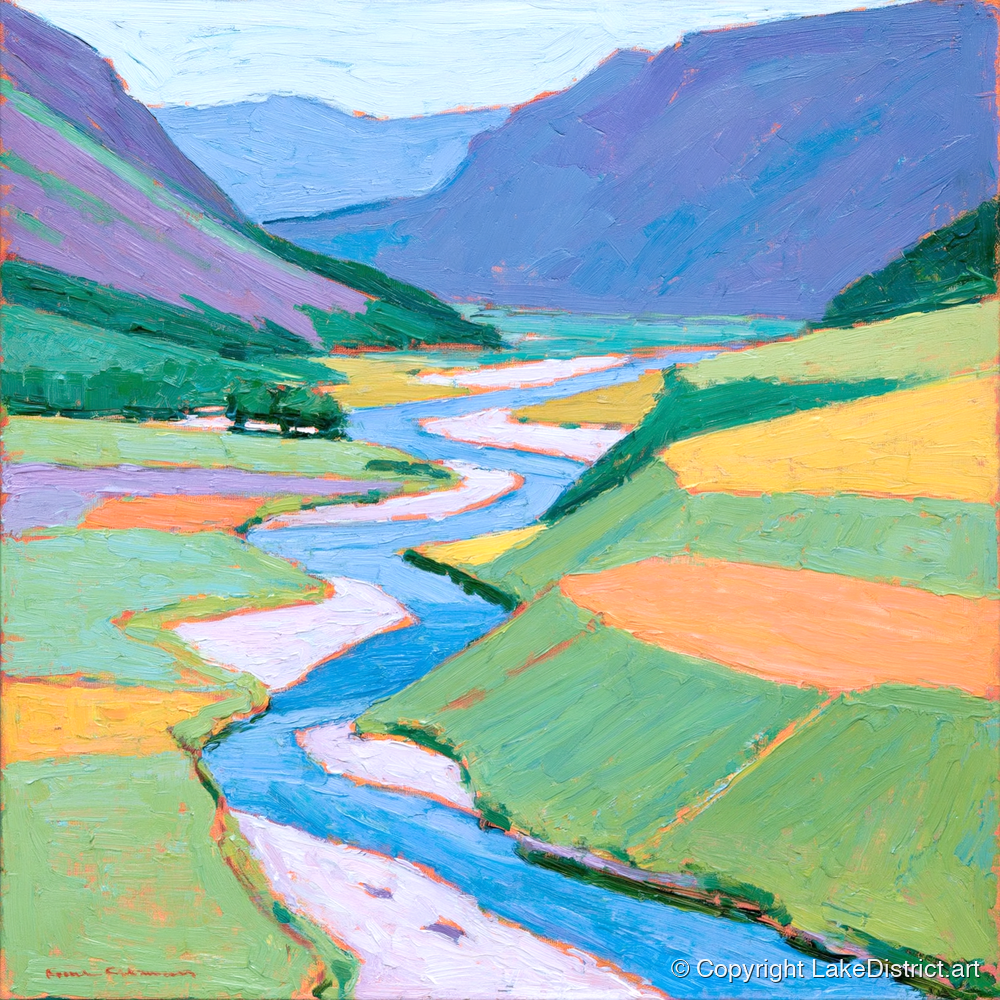 Vibrant Winding River Valley - lake district waterfall art print and canvas by Hugo Beckett A.I