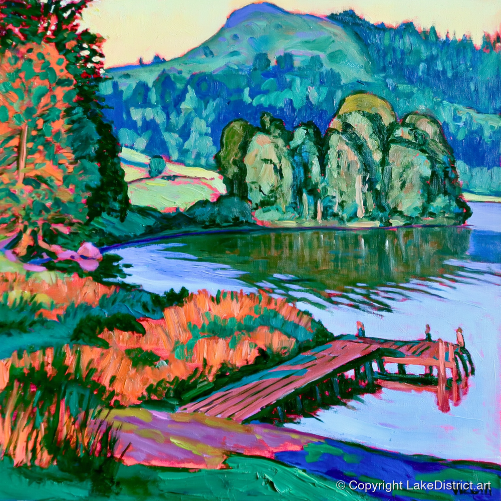 Vibrant Wooden Pier at Grasmere - lake district lake art print and canvas by Gideon Wright A.I