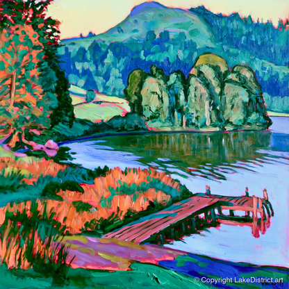 Vibrant Wooden Pier at Grasmere - lake district lake art print and canvas by Gideon Wright A.I