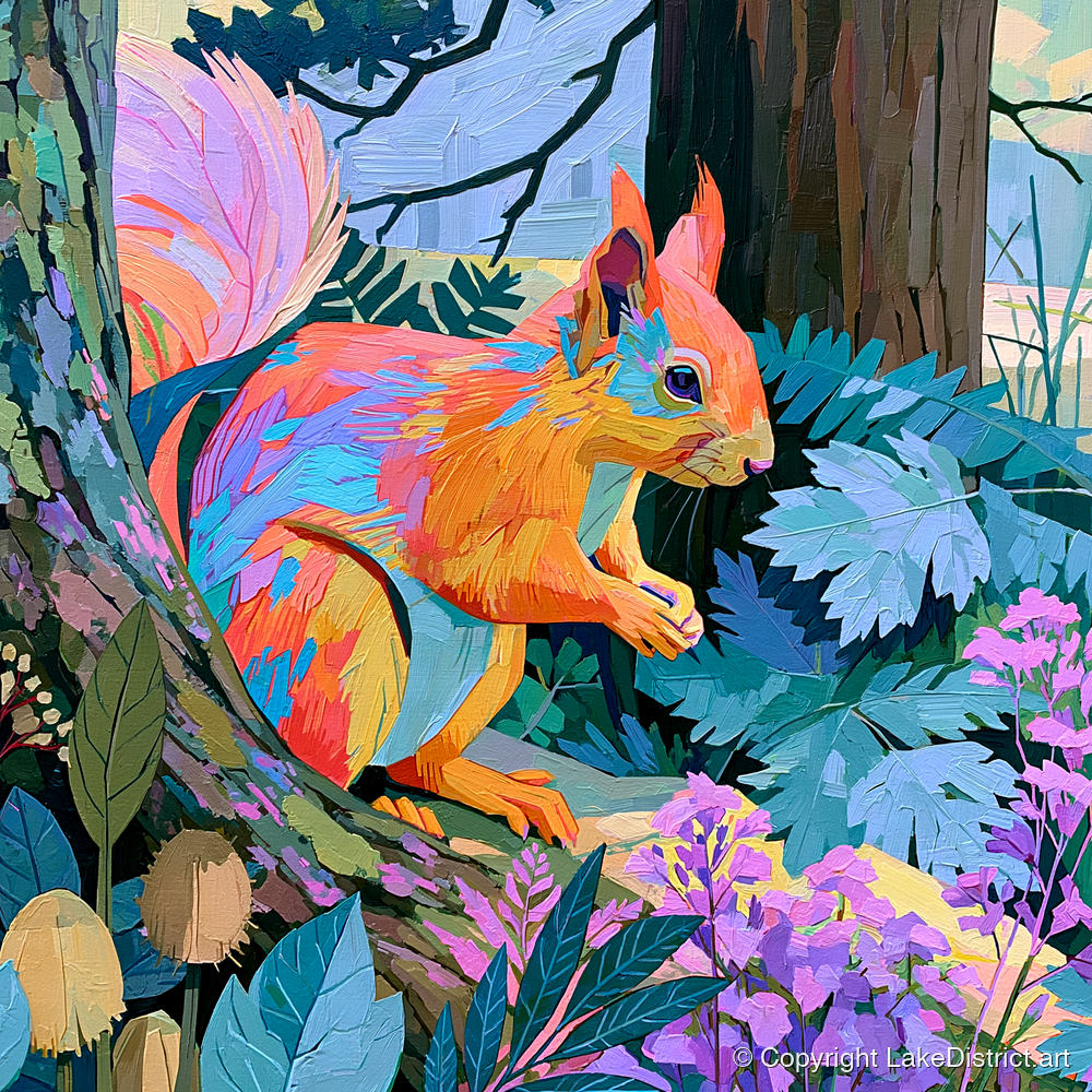 Vibrant Woodland Red Squirrel - lake district wildlife art print and canvas by Sylvia Carmichael A.I
