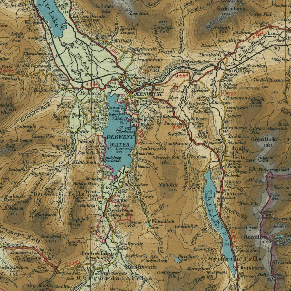 Old Map of the English Lakes by Bartholomew, 1941 – Keswick, Windermere & Ullswater: close-up of the printed map at full size